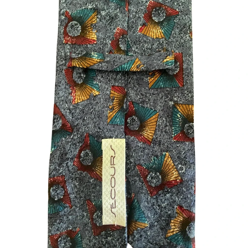 Secours Mens‎ Silk Tie Blue Geometric Abstract Red Gold Teal Hand Made in Italy